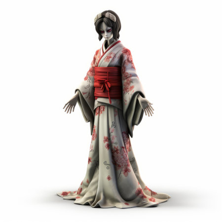 a 3d character of a geisha is portrayed in a striking red, white, and blue dress. the character is designed in the style of "master of shadows" and showcases the influence of porcelain, xbox 360 graphics, and horror-inspired elements. the use of traditional japanese artistic techniques is evident in the realistic sculptures, creating a captivating visual representation reminiscent of tsutomu nihei's work. ai generatedの素材