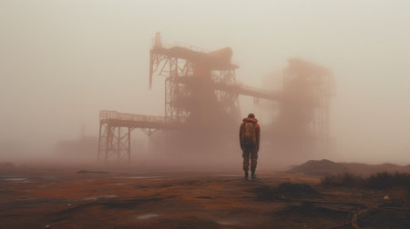 people walk around an industrial site in the foggy background, creating a dreamlike portraiture scene. the dark amber and red tones add to the atmospheric ambiance. rusty debris and the use of the carl zeiss distagon t 15mm f/2.8 ze lens enhance the gritty feel. this image captures the unique style of marine painter and desertpunk, with a touch of focus stacking for added depth.の素材
