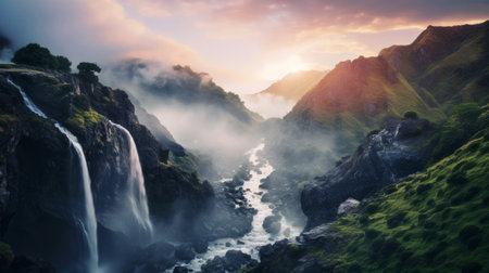 a stunning ultra high-resolution photograph captures the beauty of a majestic waterfall at sunrise. the mountains are adorned with clouds, creating a mesmerizing scene. the morning mist allows ethereal godrays to shine through, adding to the magical and epic atmosphere. this breathtaking image was taken using a wide-angle lens on a hasselblad camera. ai generatedの素材