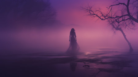 a mysterious woman stands by a lake, surrounded by a dreamlike nightmare of mist. the background is painted in dark violet and light pink, creating a surreal atmosphere. this uhd image, created by kerem beyit, showcases flowing silhouettes and an intense color palette. ai generatedの素材