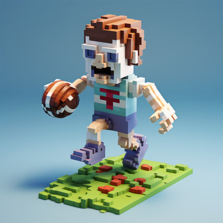 a minifigure, in the style of voxel art, is seen running with a football stick and holding a helmet. the scene is reminiscent of english countryside scenes and features elements of zombiecore. the artwork showcases the organic sculpting techniques and playful use of texture, inspired by the works of james gilleard and skottie young. ai generatedの素材