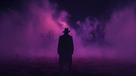 a man stands on a misty field at night, surrounded by dark magenta and black hues. the image evokes cowboy imagery and incorporates jewish culture themes, as well as elements inspired by necronomicon illustrations. the cinematic storytelling style creates vibrant and exaggerated scenes, making this photo a contest winner. ai generatedの素材