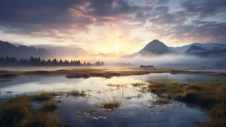 a stunning sunrise over a picturesque marsh, captured in ultra high resolution. the mountains are adorned with clouds, creating a mesmerizing scene. godrays pierce through the morning mist, adding a touch of magic to the epic atmosphere. this breathtaking image was taken with a wide angle lens on a hasselblad camera. ai generatedの素材