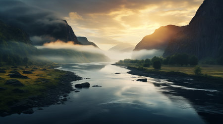 a stunning sunrise over a picturesque river, captured in ultra high resolution. the mountains are adorned with clouds, creating a mesmerizing scene. the morning mist adds an ethereal touch, with rays of sunlight piercing through. this magical and epic atmosphere is beautifully portrayed in this wide angle shot taken with a hasselblad camera. ai generatedの素材