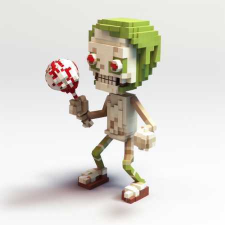 a skeleton character, in the style of voxel art, is playfully holding a candy. the artwork showcases zombiecore aesthetics with xbox 360 graphics, olive cotton, and spherical sculptures. created by the talented artist ferenc pinter, this playfully conceptual piece captures the essence of the unique art style. ai generatedの素材