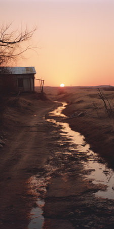 a puddle of water on the road captures the essence of romanticized country life. bathed in a warm palette of light pink and orange, this image, taken with the carl zeiss distagon t 15mm f/2.8 ze lens, evokes the aesthetics of the farm security administration era. the golden light adds a touch of prairiecore charm, while the snapshot aesthetic lends a candid and nostalgic feel.の素材