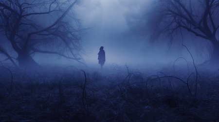 a guy stands alone in a vast blue field, devoid of trees. the image exudes an ethereal horror vibe, with atmospheric woodland imagery and mysterious nocturnal scenes. the matte painting technique adds to the surreal ambiance, while the silhouette lighting casts an eerie glow. the scene, rendered in cinema4d, appears as if made of mist. ai generatedの素材