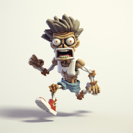 a 3d model of a zombie creature is depicted running through the street. the design of the creature is inspired by iconic pop culture caricatures, featuring a cartoonish character design reminiscent of artists such as ben wooten and bart sears. the artwork also incorporates elements of aztec art, matthias haker's style, and mechanized forms. ai generatedの素材