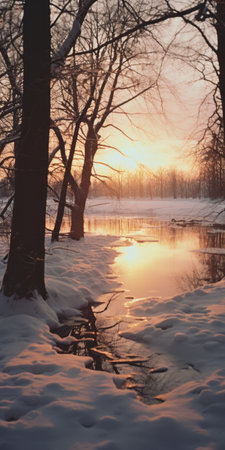 winter river landscape at sunrise, captured in the style of michael eastman. this serene winter scene showcases the beauty of a frozen river bathed in soft light pink and light amber hues. shot with a konica hexanon 40mm f/1.8 lens on a ricoh r1 camera, the backlight adds a touch of enchantment reminiscent of the works of janet delaney and hans zatzka. ai generatedの素材
