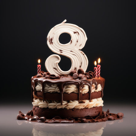 a cake with candles, celebrating the number eight, is beautifully captured in this photo. the cake is designed in a dark brown and beige color scheme, resembling liquid metal. the image, taken by photographers matthias haker and jos clemente orozco, showcases smooth and curved lines, giving it a 3d effect. ai generatedの素材