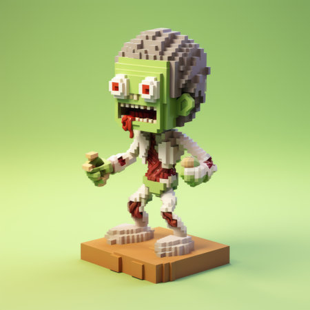 a lego zombie figure stands upright in a charming voxel art style. this low-resolution tondo showcases the contest-winning creation, featuring grotesque caricatures and a mosaic-like appearance. ai generatedの素材