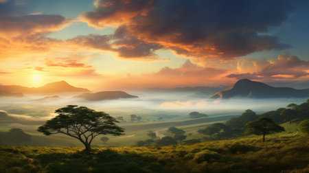 a stunning ultra high-resolution photograph captures the breathtaking beauty of a savanna at sunrise. the majestic mountains are adorned with clouds, while ethereal godrays pierce through the morning mist, creating a truly magical and epic atmosphere. this captivating image was skillfully captured using a wide-angle lens on a hasselblad camera. ai generatedの素材