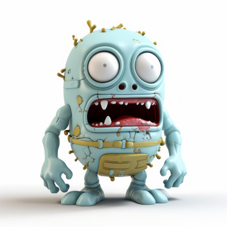 an evil-looking monster is depicted in this 3d render. the monster is portrayed in a unique style, combining light turquoise and light white colors. the artwork showcases a messy and action-packed cartoon aesthetic, with elements of zombiecore, berrypunk, and bugcore. the innovative techniques used in this piece make it truly captivating. ai generatedの素材