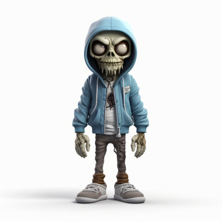 a detailed 3d character expression of a skull wearing a hoodie and shoes. the skull is depicted in a light blue and beige color scheme, with luminous 3d objects surrounding it. the image showcases the unique style of "frogcore" and features a strong facial expression. the lighting and rendering effects enhance the overall visual impact of the artwork. ai generatedの素材