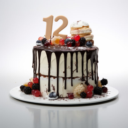 a cake featuring the number eleven in dark chocolate, inspired by the style of the tokina at-x 11-16mm f/2.8 pro dx ii lens. the cake is adorned with elaborate fruit arrangements and is presented on a light white and dark beige design. the helsinki school influence is evident in the composition, set against a clean white background. this photo is captured in stunning 32k uhdの素材