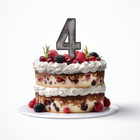 a festive atmosphere surrounds a multi-layered cake adorned with strawberries, blueberries, and rhubarb. the cake features a black and white painted number 4, reminiscent of the artistic styles of john wilhelm and hiroshi sugimoto. with its cranberrycore and metallic finishes, this cheese-based creation is a true culinary masterpiece. ai generatedの素材