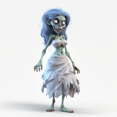a haunting and grotesquely beautiful 3d model of a zombie character, reminiscent of fairy tale illustrations. this high-definition image showcases the clever and witty nature of the cartoon-like design, with a color palette featuring light azure, dark white, and light green. the uhd resolution captures the intricate details of this haunting figuratism. ai generatedの素材