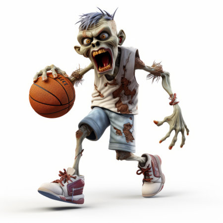 a zombie basketball player sprinting with a basketball ball, captured in an unconventional pose. this rim-lit photograph, reminiscent of an associated press image, showcases the player's intense determination. the sparse background adds to the eerie atmosphere, while the teethcore, shin taga, and nd stevenson elements bring a unique twist to the composition. ai generatedの素材