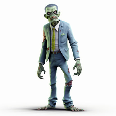 zombie man in a suit, rendered in realistic and hyper-detailed style with light navy and light green colors. this artwork draws inspiration from xbox 360 graphics, arthur sarnoff's work, imaginative creatures, neo-concrete movement, and jim woodring's style. ai generatedの素材