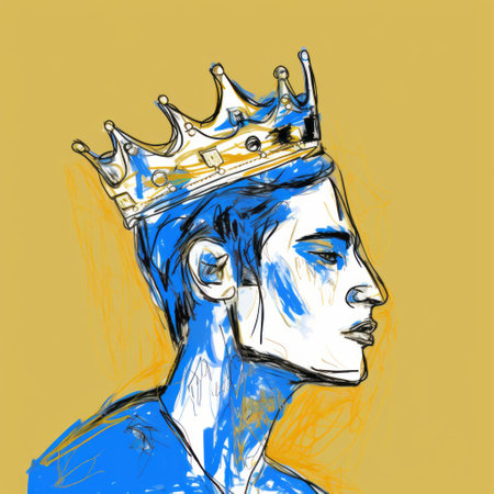 a digital drawing of richard, wearing a crown and looking over their shoulder, inspired by cecil beaton. the drawing, created on a wacom tablet, features expressive lines in the style of matisse. it is drawn using a fine-tip pen in white and yellow, with a vibrant blue background. the image has a resolution of 32k and is rendered in super-resolution, providing a high-quality, ultra-high-definition (uhd)の素材