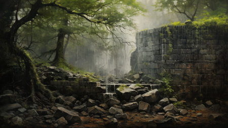 a misty wooded area featuring rocks and a stone wall, showcasing the atmospheric illusionism style of germanic art. this multilayered realism composition, reminiscent of die brucke movement, creates an industrial painting vibe. winner of a contest, this captivating photo captures the essence of nature and art seamlessly merged. ai generatedの素材