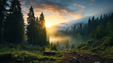 a stunning sunrise in a picturesque forest captured in ultra high resolution photography. the majestic mountains are adorned with clouds, while ethereal godrays pierce through the morning mist. this magical and epic scene is beautifully captured using a wide angle lens on a hasselblad camera. ai generatedの素材