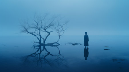 a foggy landscape captured in a digital art photograph, inspired by the style of gabriel isak. this 8k resolution image showcases dark reflections and a color palette of light blue and black. the serene atmosphere invites quiet contemplation, reminiscent of the works of miyamoto musashi and mary anning. ai generatedの素材