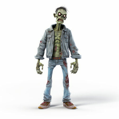 a zombie with distressed jeans, tattoo, and a walking stick is depicted in this vray-style photo. the color palette consists of light navy and light green, creating a unique atmosphere. the image showcases the utilization of warmcore and xbox 360 graphics, while also paying detailed attention to the costume and fashion, inspired by the works of ron english. ai generatedの素材