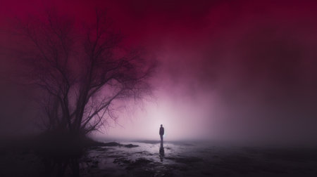 a person stands in the woods by a body of water, surrounded by a pink sky. the scene, reminiscent of philip mckay's style, exudes an ethereal and otherworldly atmosphere with its dark violet and light crimson hues. the dark crimson and gray tones, inspired by chad knight, add a matte and high-resolution quality to this 8k photo. ai generatedの素材