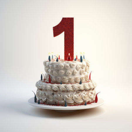 a white cake with a candle, featuring a single number, is showcased in this humorous tableau. the cake is designed in the style of octane render, with a multilayered texture in light bronze and red. the vray technique is used to create a visually stunning effect, with layered fibers adding depth to the overall composition. ai generatedの素材