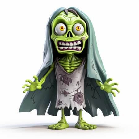 a tiny skeleton zombie with clothing is depicted in this cartoon-style illustration. the dynamic and exaggerated facial expressions add a touch of liveliness to the character. rendered in maya, the zombie is portrayed in light gray and green tones. the artwork showcases haunting figuratism and draws inspiration from teethcore, nabis, and strong facial expressions. ai generatedの素材