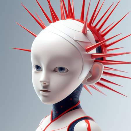 a thomas, donning a white bodysuit adorned with spikes on her head, is depicted in a cinema4d-rendered image. the vibrant colors of red and indigo enhance the sharp and prickly appearance. the macro perspectives highlight the intricate details of the rubber-made spikes. this digital artwork showcases bombacore aesthetics and embraces the essence of digital minimalism. ai generatedの素材