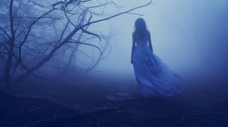 a woman in a blue dress walks among the trees, creating an ethereal and haunting atmosphere. the dark, white, and azure tones give the scene a ghostly quality, reminiscent of frightful folklore. the misty surroundings and atmospheric perspectives add to the mysterious ambiance, evoking the artistic style of dorothea tanning. ai generatedの素材