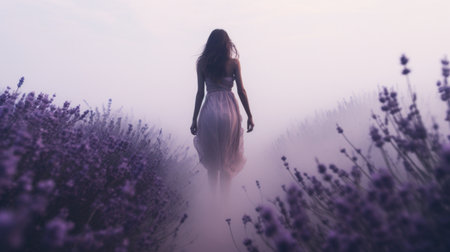 a woman gracefully strolls through enchanting lavender fields, creating a surreal and hauntingly beautiful scene. the dreamlike atmosphere, with misty surroundings and a blend of dark white and light magenta hues, evokes a sense of feminine empowerment. the image captures the essence of trapped emotions, portraying a somber yet captivating ambiance. ai generatedの素材