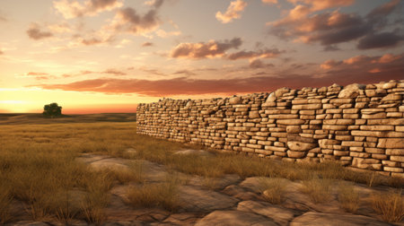 stone wall in the desert at sunset, featuring a hyperrealistic environment reminiscent of the english countryside. this meticulously crafted scene captures the essence of military scenes, with piles and stacks adding depth to the immersive surroundings. the southern countryside is beautifully portrayed, offering a historical perspective to the viewer. ai generatedの素材