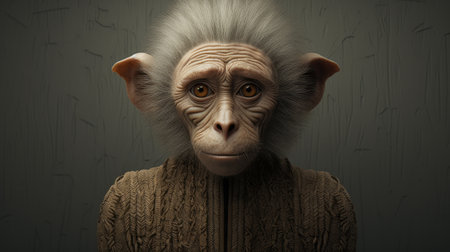 a digital human portrait created in photoshop, inspired by carved animal figures. this artwork by raphael lacoste and alex petruk ape showcases intricate details in 32k uhd resolution. with minimal retouching, the portrait captures the essence of anne geddes' style, incorporating subtle textures for added depth. ai generatedの素材