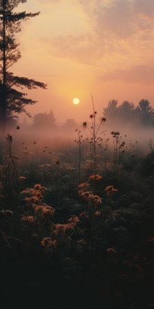 sunrise over a small field with yellow flowers, capturing the misty gothic style. the light pink and dark orange hues create a naturalist aesthetic, evoking hauntingly beautiful narratives. this photograph draws inspiration from the dusseldorf school of photography and the atmospheric woodland imagery of the midwest gothic genre. ai generatedの素材