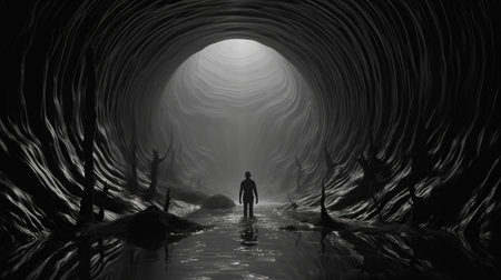 black man standing in a dark tunnel, captured in a black and white photo. this surreal 3d landscape showcases hyper-realistic water and fantastical landscapes, creating an otherworldly illustration. the realistic rendering of the human form is enhanced by the 8k resolution, resulting in tonal landscapes that captivate the viewer. ai generatedの素材