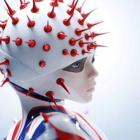 a female figure wearing a white and red shirt covered in spikes, showcasing a futuristic vision with a minimalistic japanese style. the close-up shot captures the precise and lifelike details of the machine-like precision. the design exudes a sense of patriotism and incorporates elements of anglocore. ai generatedの素材