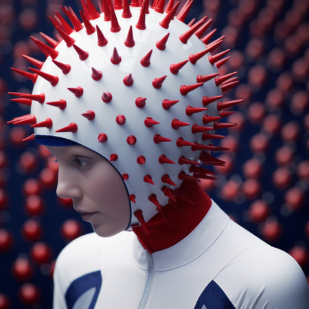 a woman wearing a hybrid spike stands against a backdrop of green and red balls, reminiscent of futuristic spacecraft design. the artwork showcases hyper-realistic details inspired by the styles of karl kopinski, emmanuelle moureaux, and serge marshennikov. the woman's detailed costume features a combination of light navy and red colors, creating a visually striking image. ai generatedの素材