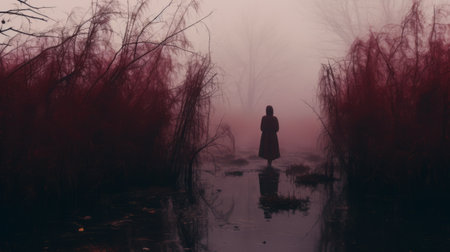 a person's face is barely visible in the thick fog, creating a mysterious and atmospheric scene. the dark bronze and crimson tones add a gothic touch to this nature-inspired image. with its tonalist color scheme and feminine imagery, this uhd photo resembles a captivating gothic illustration, complete with reflections that enhance its allure. ai generatedの素材