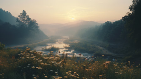a sunset in the sky, captured in the style of delicately rendered landscapes, showcases the evocative beauty of nature. this photograph draws inspiration from german romanticism, combining elements of landscape photography and romantic riverscapes. the image features captivating flower and nature motifs, with a color palette dominated by shades of white and amber. ai generatedの素材
