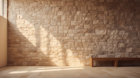 an empty room with a stone wall and bench, showcasing the solarizing master's style. the realistic usage of light and color creates a captivating atmosphere. the light bronze tones and organic texture of the stone wall add depth to the scene. the blocky design and backlight enhance the visual appeal. the use of mundane materials adds a touch of simplicity to the overall composition. aiの素材