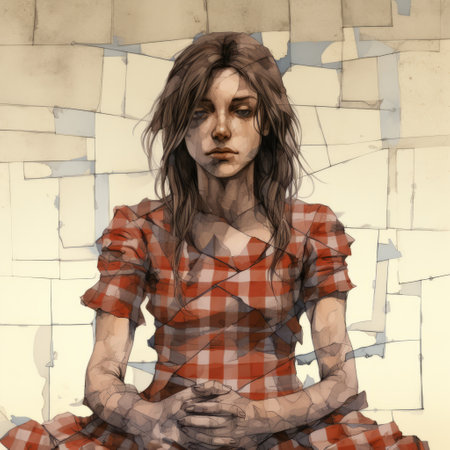 a full body shot of margaret, a character in a graphic novel illustration, showcases her torn and patched appearance. made up of square patches of ragged cloth, symbolizing multiple repairs, she exudes a sense of fragility. the image portrays a sad and vulnerable person, seemingly crying out for help. ai generatedの素材