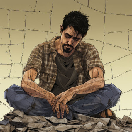 anthony, a fragile person, is depicted in a full body shot. he appears torn up, with square patches of ragged cloth sewn on, symbolizing multiple repairs. the image exudes a sense of sadness and a plea for help. this graphic novel illustration portrays a dirty, old, and used character, capturing the essence of vulnerability and despair. ai generatedの素材