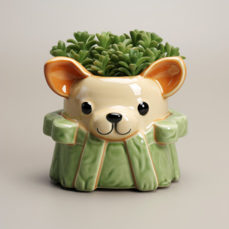 small dog planter with a fake plant, showcasing intricate character design and symmetrical composition. created using vray tracing and the faience technique, this contest-winning piece captivates with its attention to detail. the depth of field adds a touch of realism, making it a charming addition to any space. ai generatedの素材