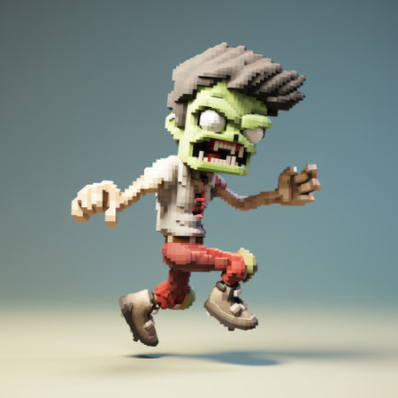 a 3d zombie, depicted in red and white, showcases inventive character designs and colorful pixel-art style. the dark navy and light green background adds to the overall atmosphere. the image captures movement and spontaneity, with a playful use of texture. it serves as a character study, portraying lively movement. ai generatedの素材