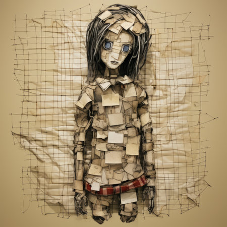 a graphic novel illustration featuring a full body shot of a torn and patched-up mary. the image portrays a fragile person, symbolized by the ragged cloth sewn onto her. with a worn and dirty appearance, mary seems to be crying for help, evoking a sense of sadness. ai generatedの素材