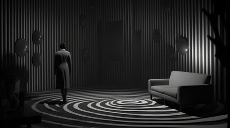 a person stands in a room featuring a swirling carpet and a chair. this black-and-white graphic, rendered in cinema4d, showcases atmospheric installations and minimalist stage designs. the scene is inspired by film noir, with elements of schizocore and the influence of ray eames evident in its style. ai generatedの素材