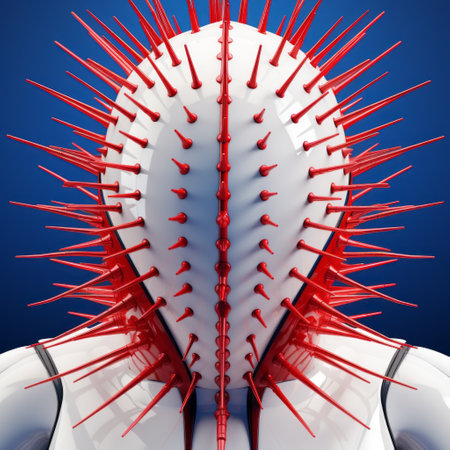 a 3d model head with spikes and spike, featuring meditative color contrasts, red threads, expressionist imagery, light red and white tones. the playful body manipulations and futuristic settings add a sharp and clever humor to the overall design. ai generatedの素材